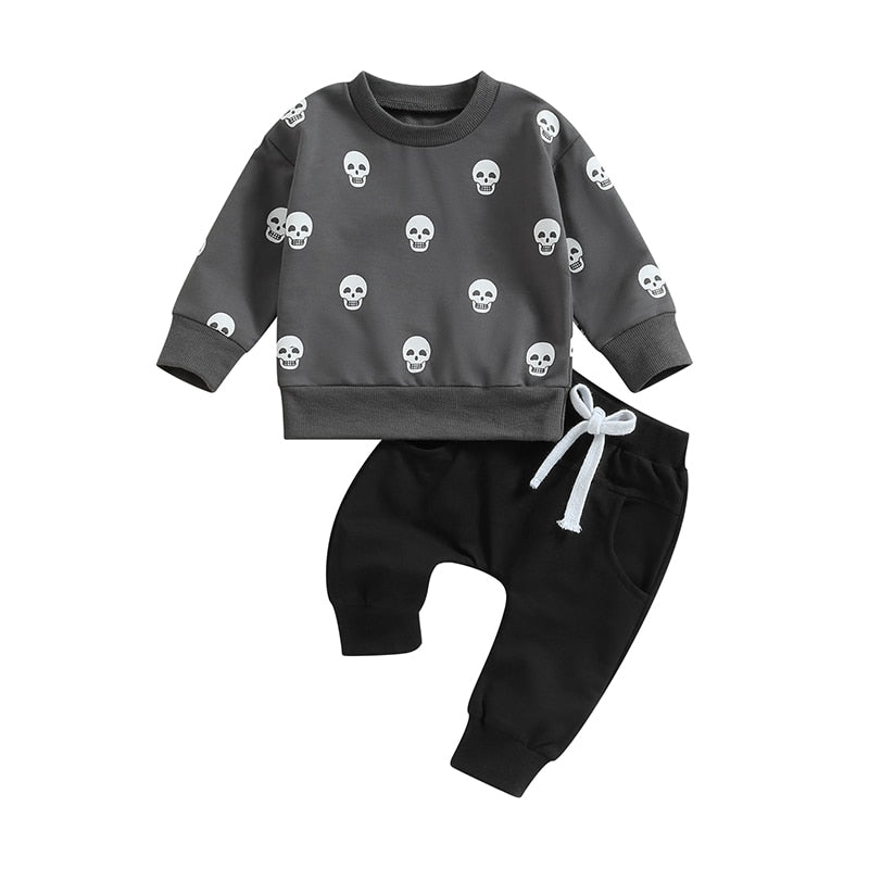 Baby Boy 2Pcs Outfits Halloween Skull Print Long Sleeve Sweatshirt Solid Pants Fall Clothes - Pacis and Pearls