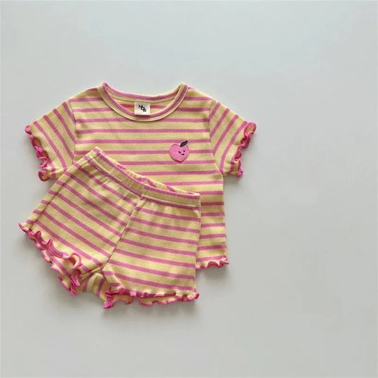 Summer New Baby Striped Short Sleeve Clothing Set Girl Ear Edge Tops + Short 2 Pieces Suit Kids Grape Pattern Clothes Items