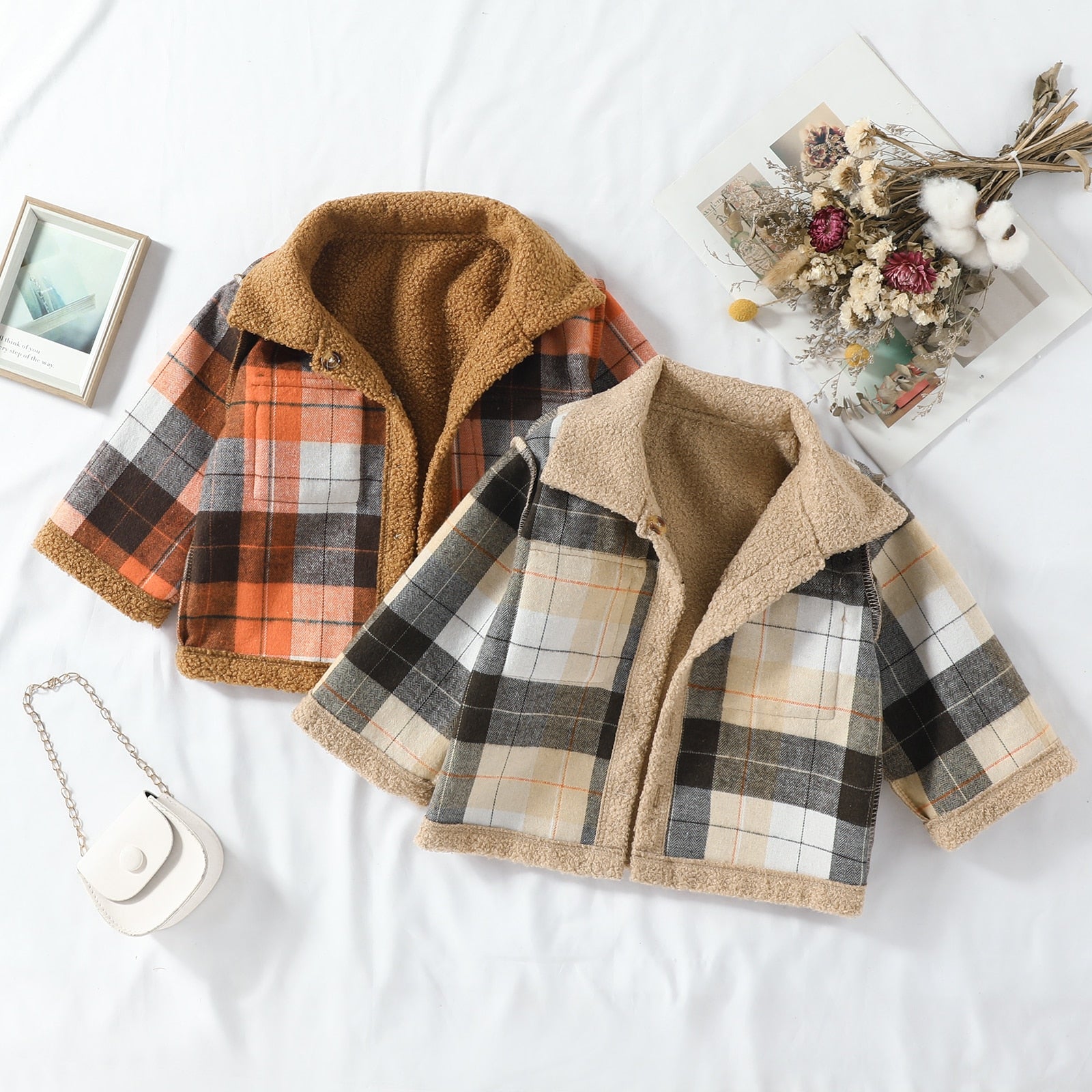 Boys Wool Jacket Lapel Long Sleeve Fur Plaid Long Sleeve Single Breasted Double-sided Coat - Pacis and Pearls