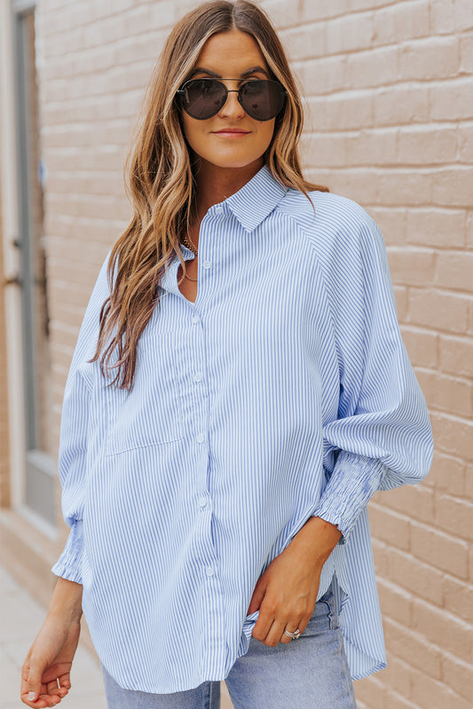 Striped Lantern Sleeve Collared Shirt - Pacis and Pearls