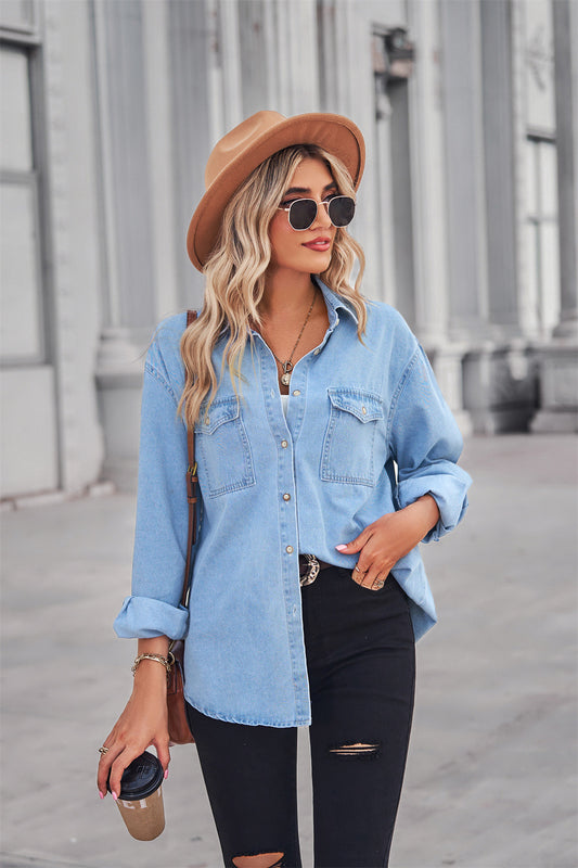 Collared Neck Dropped Shoulder Denim Top - Pacis and Pearls