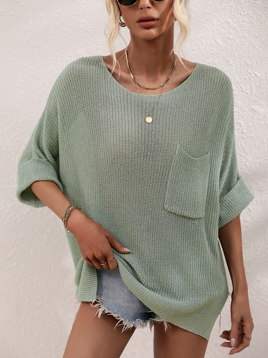 Boat Neck Cuffed Sleeve Slit Tunic Knit Top - Pacis and Pearls