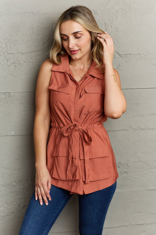 Ninexis Follow The Light Sleeveless Collared Button Down Top - Pacis and Pearls