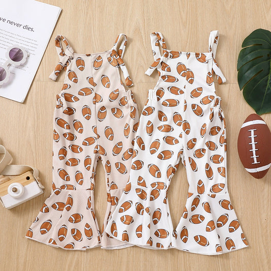 Toddler Girl Strap Jumpsuit Sleeveless Backless Football Print Romper Bell-Bottoms Romper - Pacis and Pearls