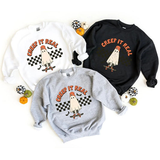 Creep It Real  Skateboard Vintage Cartoon Printing Sweatshirts Loose Crewneck Long Sleeve Autumn Pullovers Cotton Thick Jumpers - Pacis and Pearls