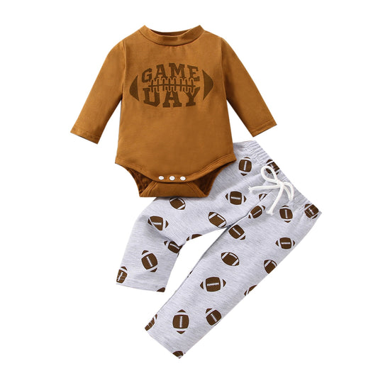 Infant Baby Girl Boy Football Clothing Autumn Long Sleeve Football Printed Bodysuit Top Pant - Pacis and Pearls