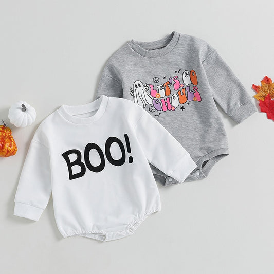 Infant Baby Girls Halloween Bodysuit Long Sleeve Crew Neck Ghost Letters Print Jumpsuit Costume - Pacis and Pearls