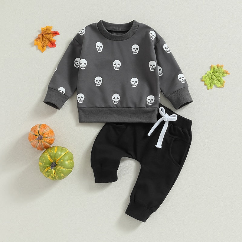 Baby Boy 2Pcs Outfits Halloween Skull Print Long Sleeve Sweatshirt Solid Pants Fall Clothes - Pacis and Pearls