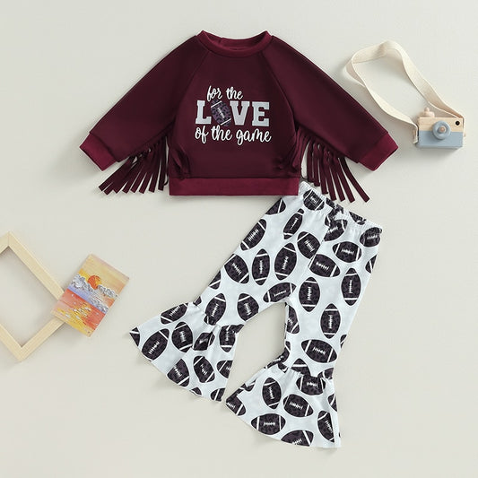 Toddler Girls Fall Outfits Rugby Print Long Sleeve Sweatshirt with Tassels Rugby Printed Flare Pants - Pacis and Pearls