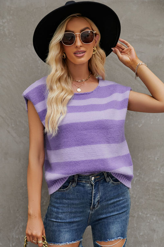 Striped Round Neck Cap Sleeve Knit Top - Pacis and Pearls